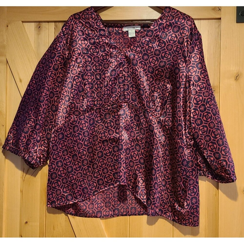 WD Ny Plus Size 3X Pink Blue Satin Silky Babydoll Empire Waist Geometric Blouse